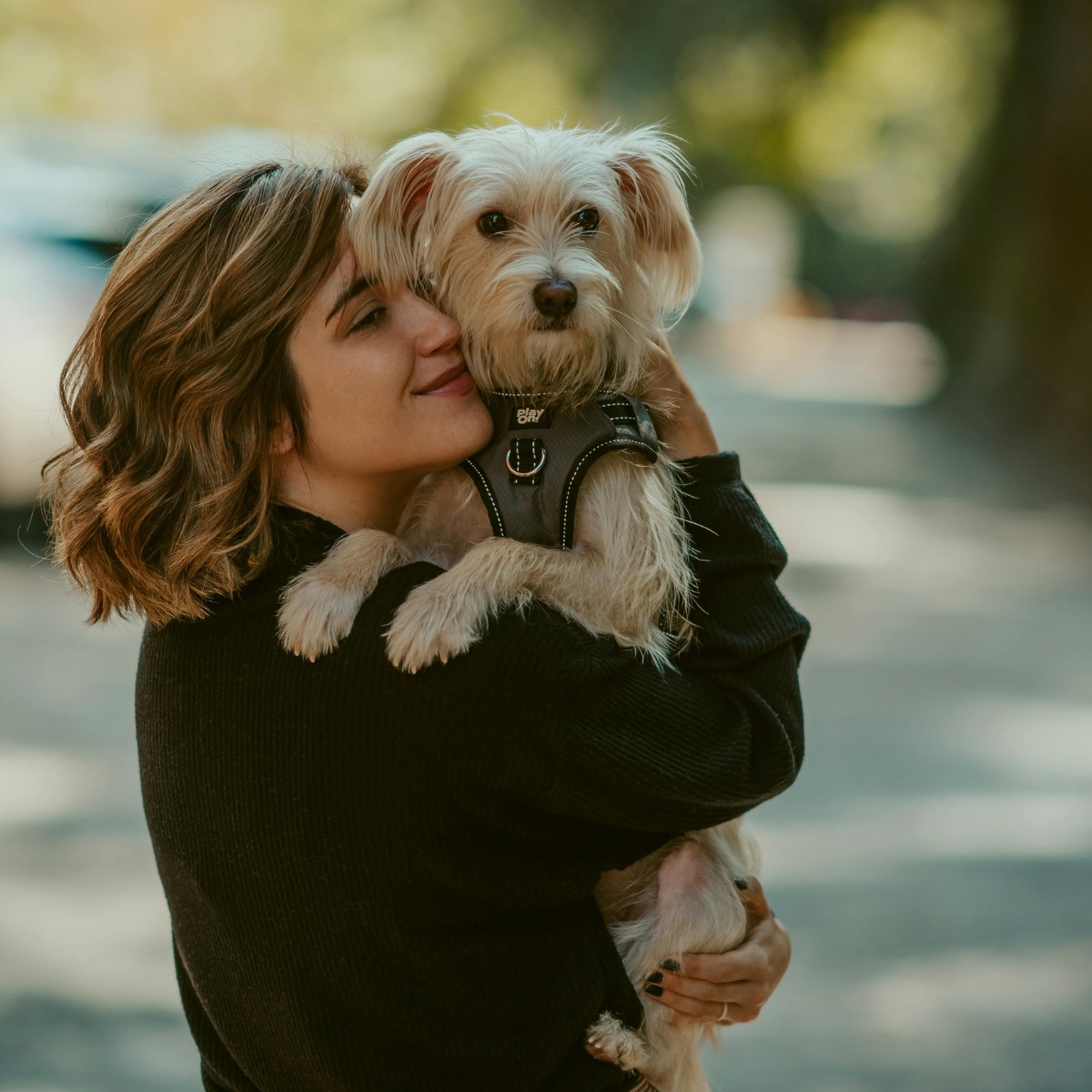 Woman hugging a small white dog 